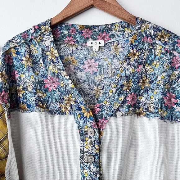 POL Boho Waffle Knit Henley Mixed Plaid Floral Print Women’s Long Sleeve Top L - Picture 2 of 12